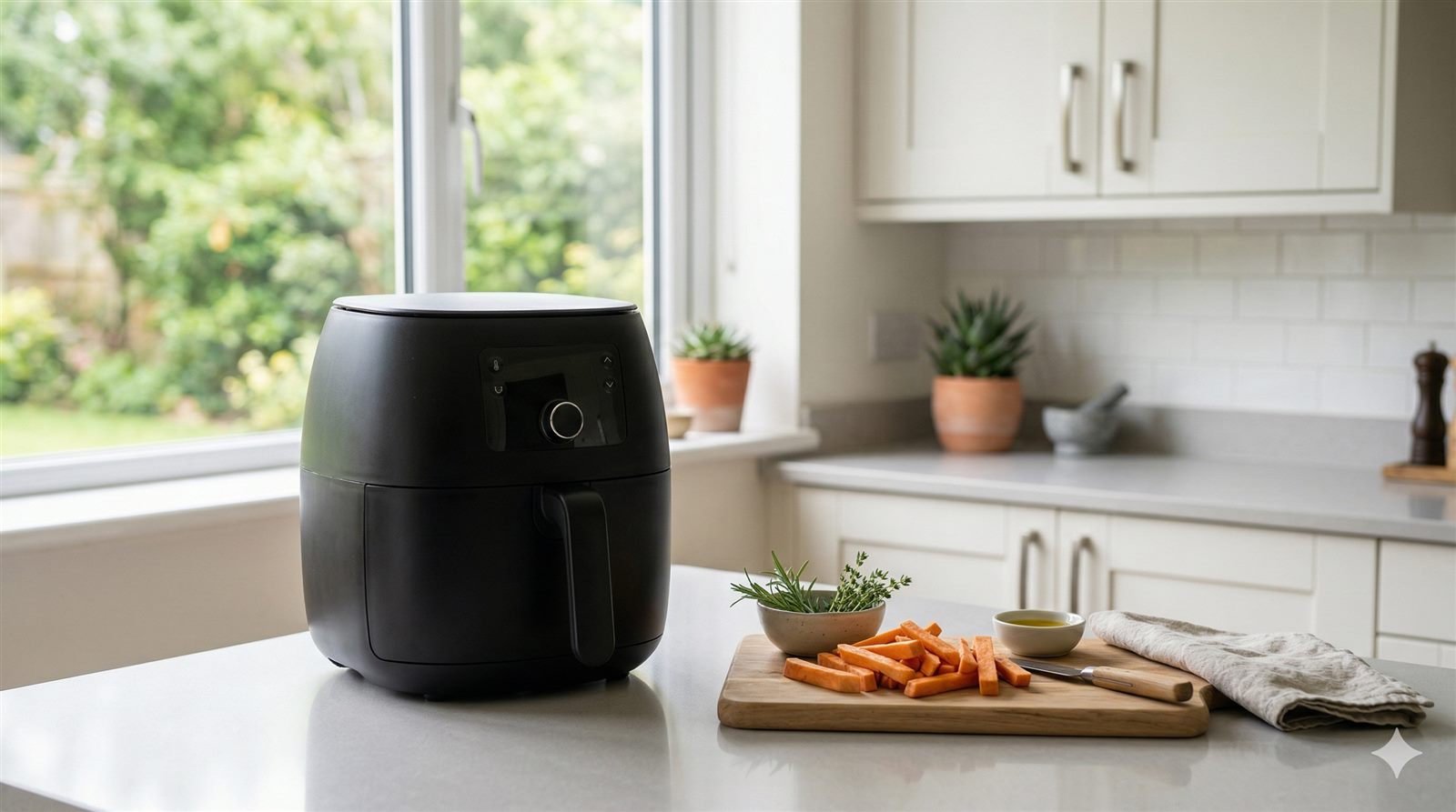 A modern matte black air fryer on a bright kitchen counter in a realistic UK home kitchen, with soft natural daylight and an uncluttered frame.