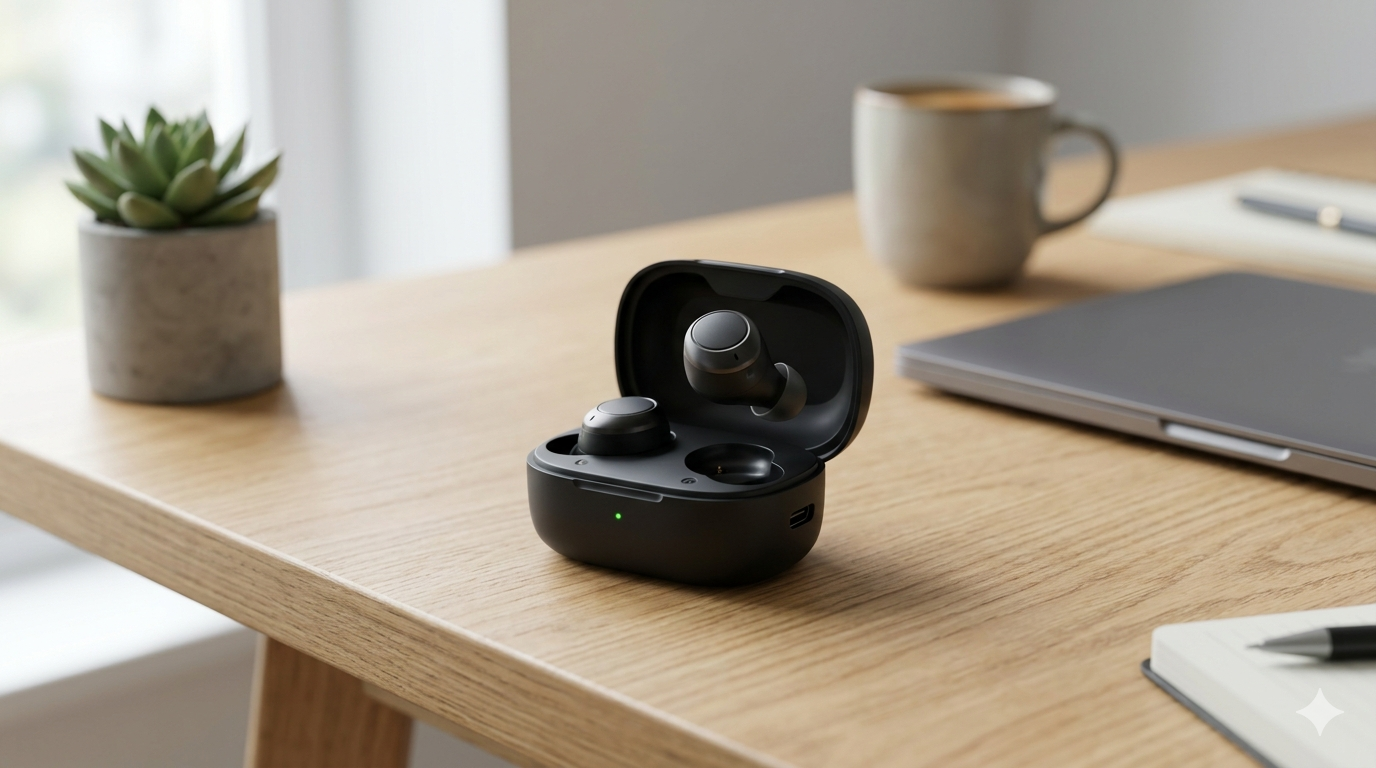 Premium wireless earbuds and charging case on a clean desk surface with soft studio-style lighting.