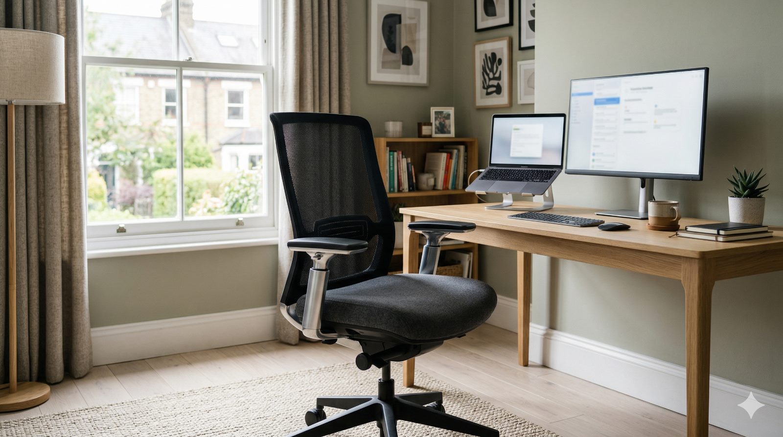 Modern ergonomic office chair at a home office desk for a Best Office Chairs on Amazon UK guide, styled as a clean editorial workspace hero image.