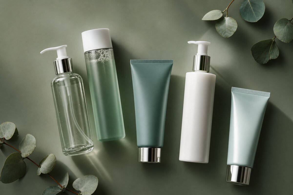 Skincare cleanser products on dark sage green background, Best Face Cleansers on Amazon UK