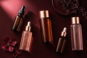 5 exfoliating toner bottles on dark burgundy background, Best Exfoliating Toners on Amazon UK