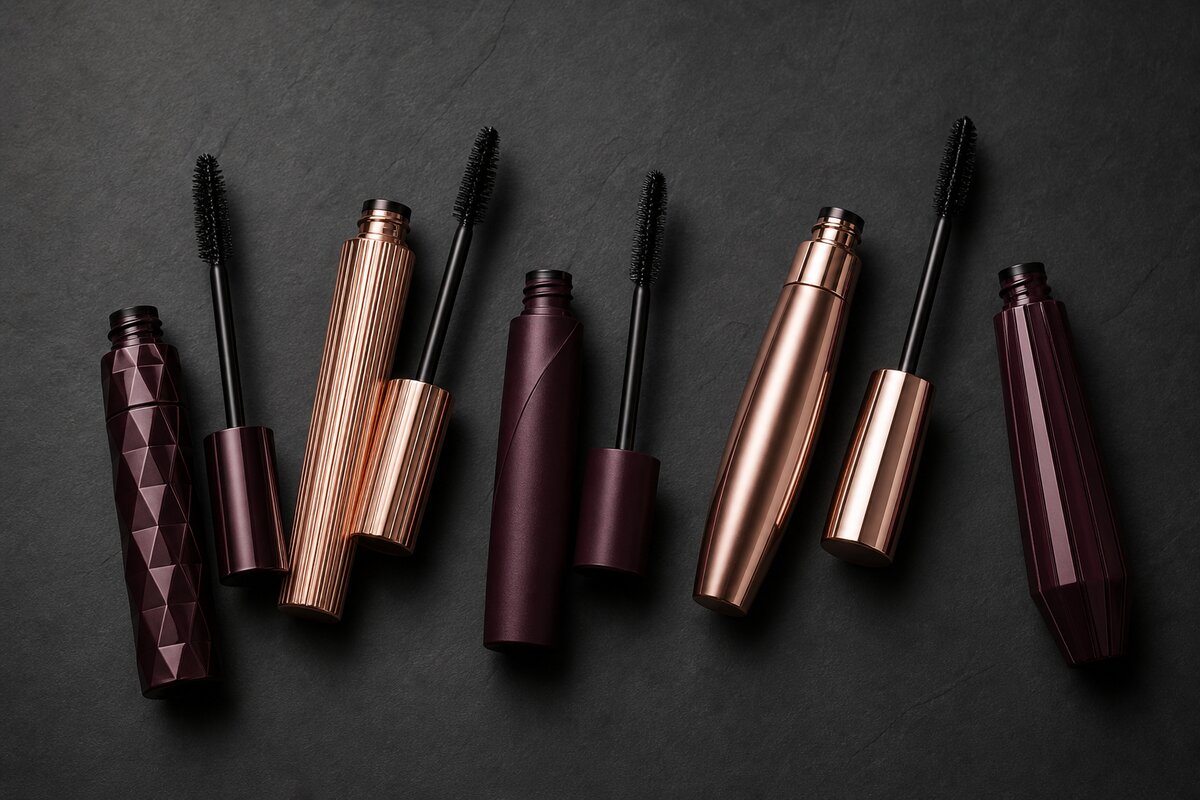 5 luxury mascara tubes on dark charcoal background, Best Mascaras on Amazon UK